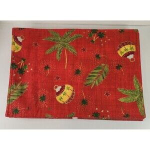 Vtg Christmas Placemats Set of 8 Tree Ornaments Palm Trees Tropical Red Holiday
